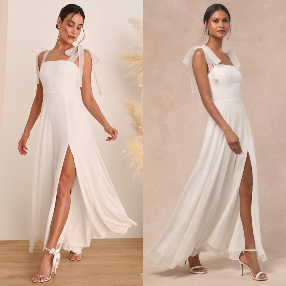 LULUS Chiffon Bow Strap Square Neck Sleeveless Minimalist Fairycore Wedding Gown